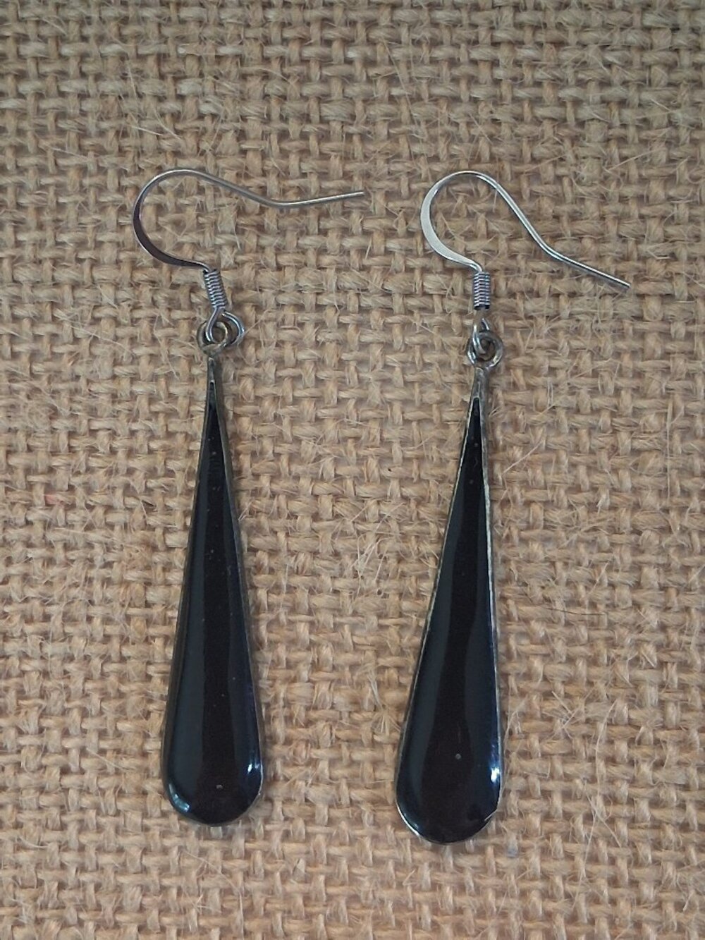 Black Enamel Silver Teardrop Dangle Earrings